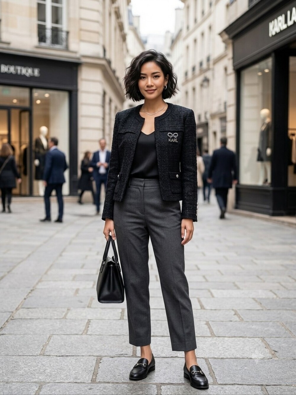 Karl Lagerfeld Paris Women's Collarless Cropped Round-Neck Jacket